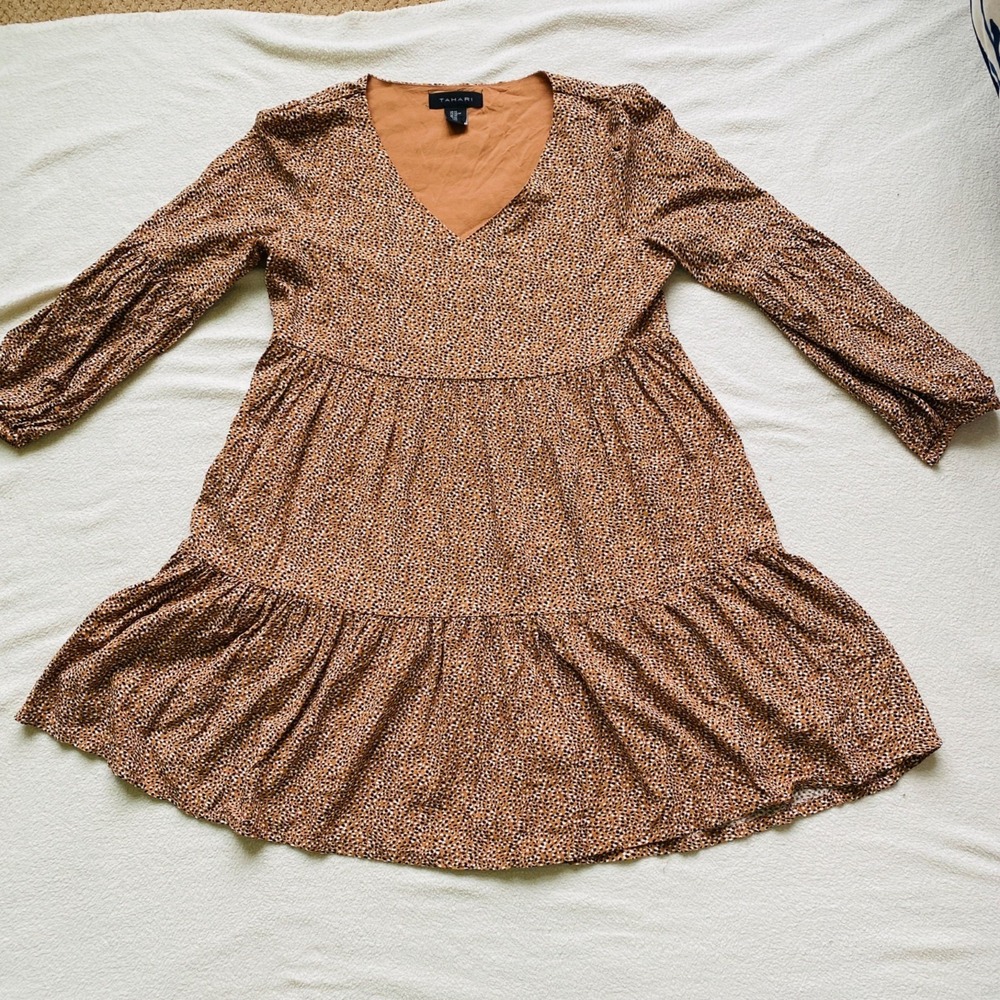 Tahari Dress‎ Women XS Babydoll Ruffled Swing Shift Mini Dress Leopard Print